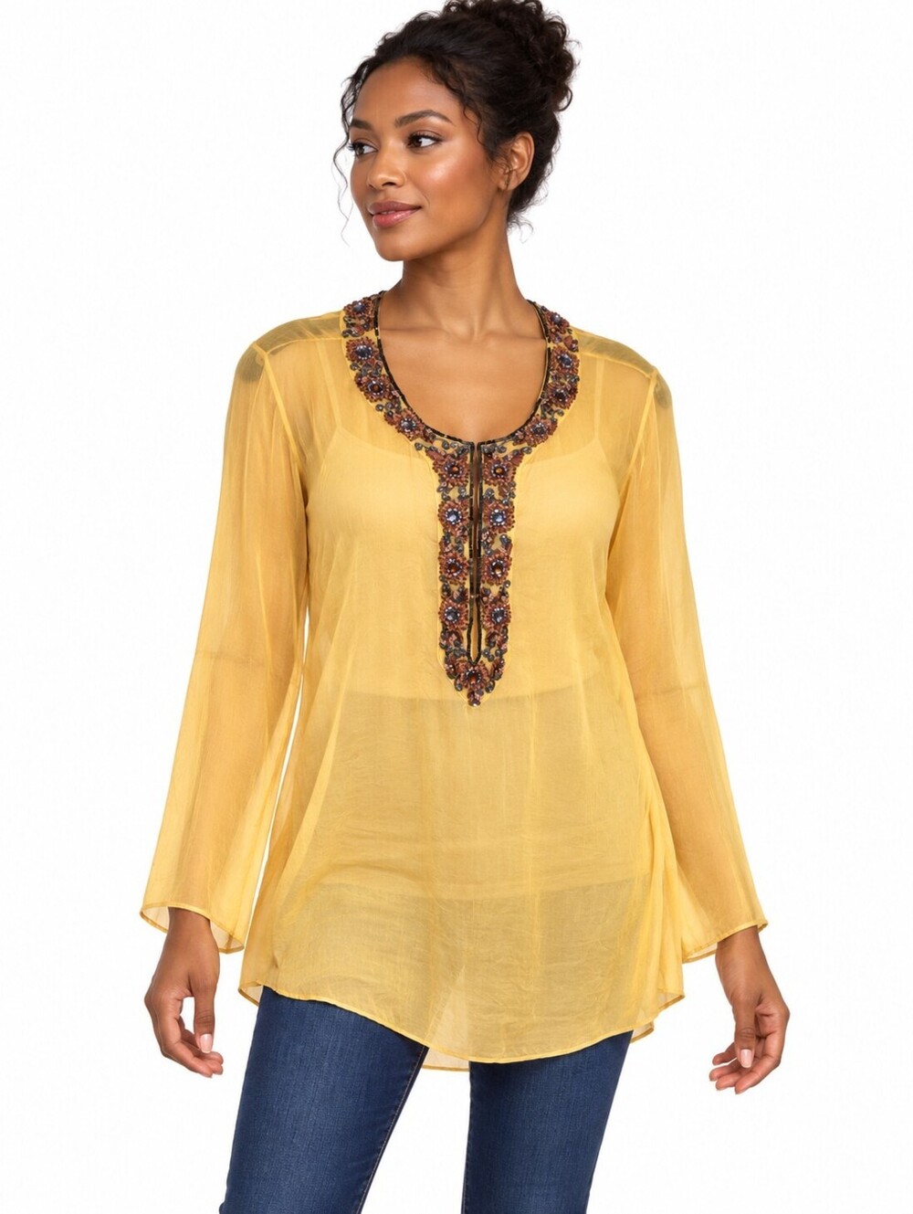 Elie Tahari 100% Silk Yellow Beaded Sheer Tunic Blouse Long Sleeve - S/M ?